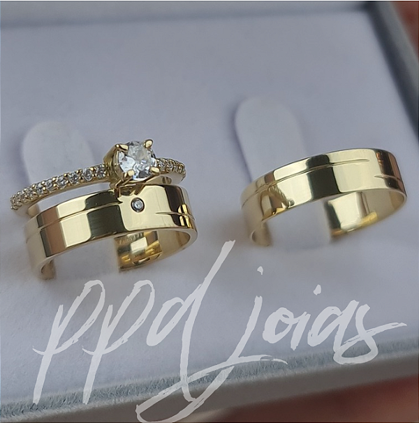 Kit Sinitius com Alianças 5mm e Solitário Vênus em Ouro 18k