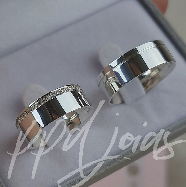 Par de Aliança Vivar Cravejada (8mm) - Prata 950