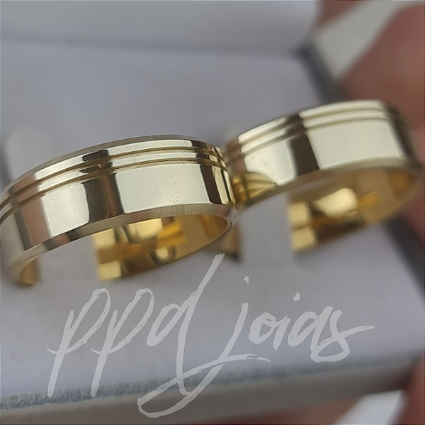 Par de Aliança Itália 2 frisos (8mm) forro folheado - Moeda antiga