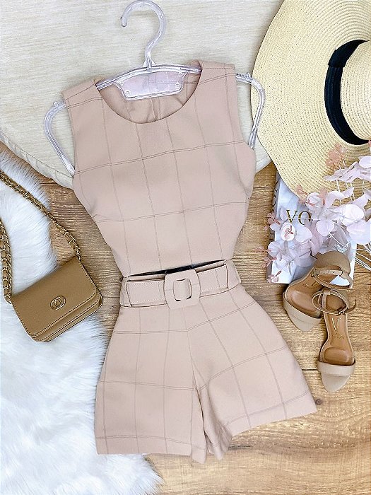 Conjunto Short e Cropped Beatriz Quadriculado Nude - Fernanda