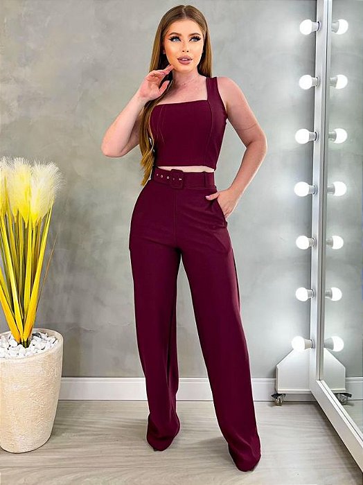 Conjunto Calca Pantalona e Cropped Jade Marsala