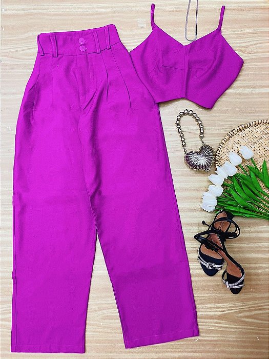 Conjunto Calca Pantalona e Cropped Hellen Fucsia