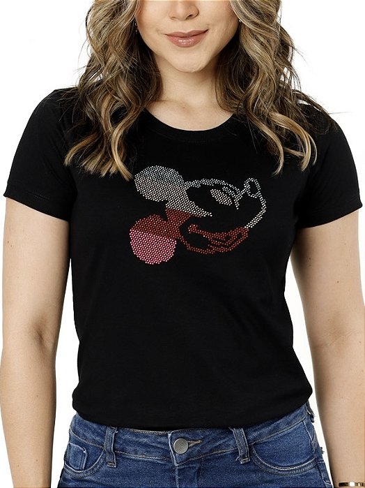 Tshirt Algodao Mickey Strass Colorido Preta