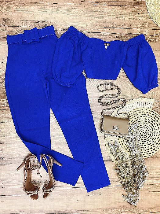 Conjunto Calca e Cropped Nadia Azul Bic