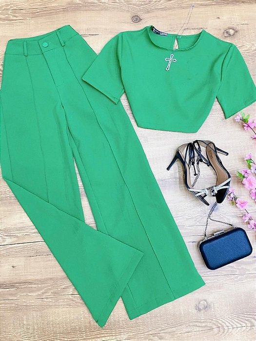 Conjunto Calca e Cropped Malu Verde Bandeira