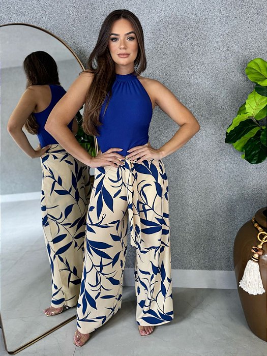 Calca Envelope Pantalona Luma Floral Palha/Azul Marinho - Fernanda Tavares  Store - Moda Feminina de Qualidade
