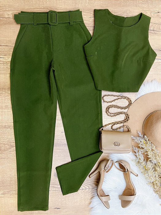 Conjunto Calca e Cropped Sibele Verde Militar