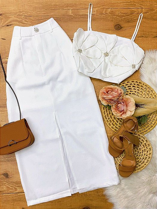 Conjunto Saia e Cropped Louise Branco