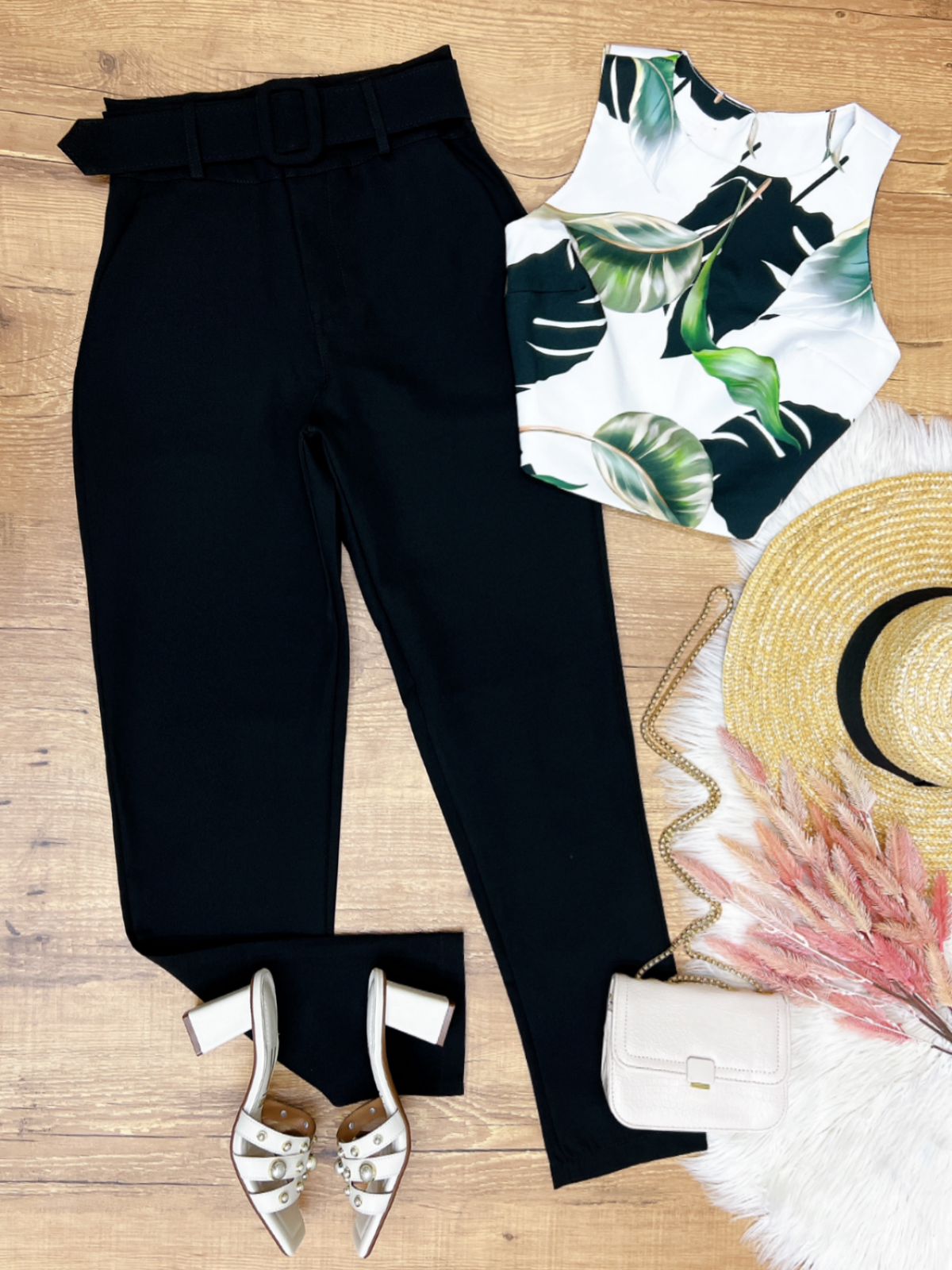 Conjunto Calca e Cropped Sibele Preto/Folhas