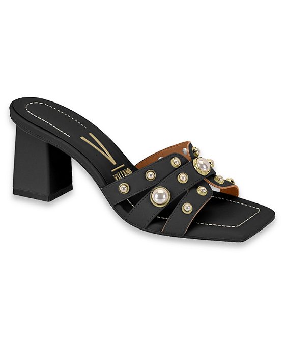 Sandália Feminina Tamanco Vizzano Preto Salto Baixo Bloco Pérolas 6455130