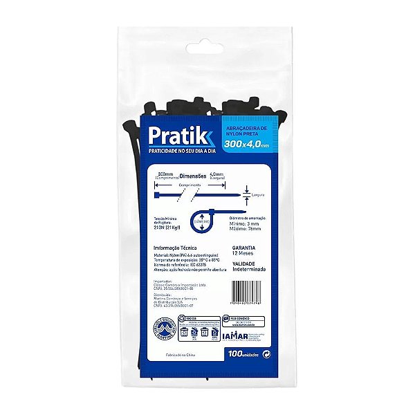 Abraçadeira de Nylon Preta 300X4.0mm Com 100 Unidades