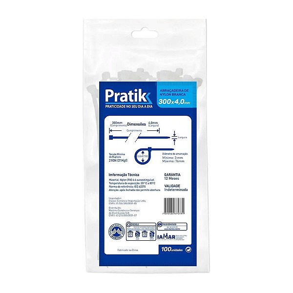 Abraçadeira de Nylon Branca 300mmX4.0mm Com 100 Unidades