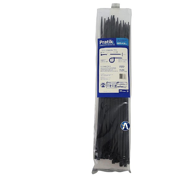 Abraçadeira de Nylon Preta 380X4.8mm Com 50 Unidades Pratik