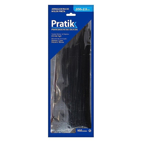 Abraçadeira de Nylon Preta 200x2,5mm Com 100 Unidades Pratik