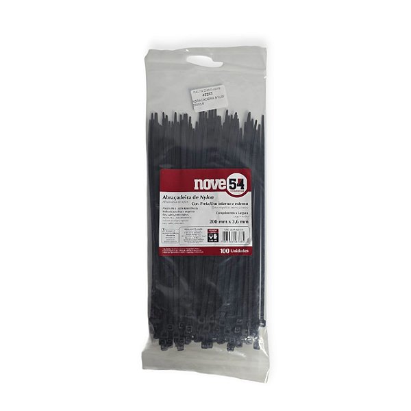 Abraçadeira Nylon Preta 200x3,6mm 100 Unidades Nove54