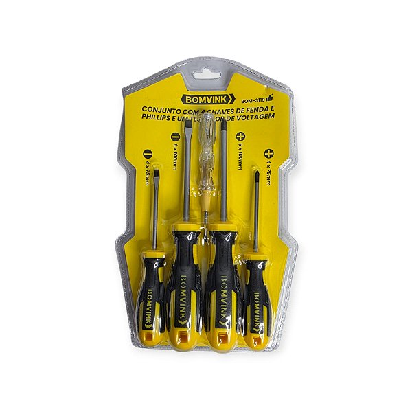 Kit 4 Chaves Fenda e Phillips com Testador de Voltagem
