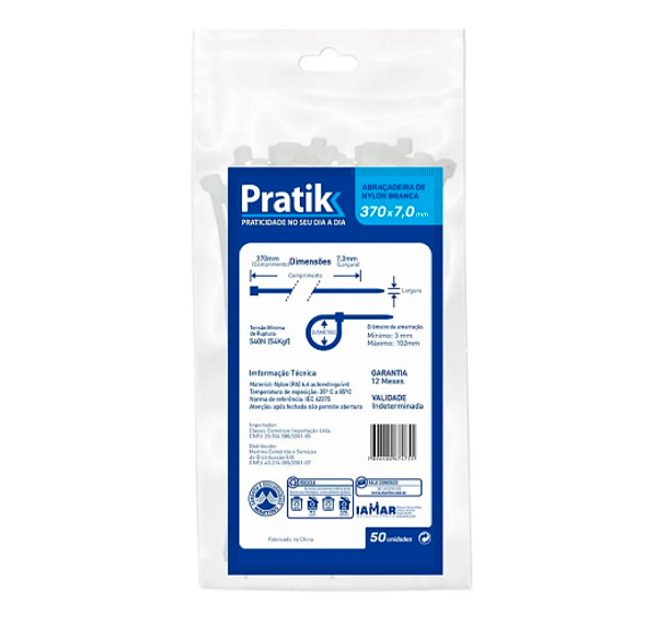 Abraçadeira de Nylon Branca 370mmX7.0mm Com 50 Unidades Pratik
