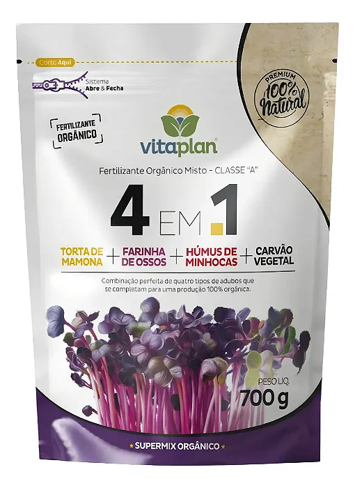 Fertilizante 4 em 1 Torta + Farinha + Húmus + Carvão Vitaplan - 700 g