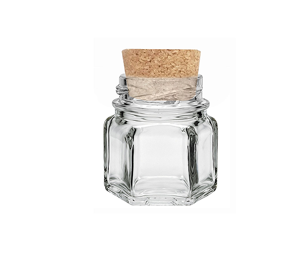 72 UN. POTE DE VIDRO SEXTAVADO 40 ML C/ ROLHA CORTIÇA