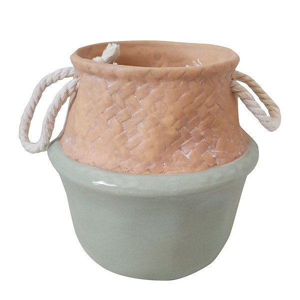 Mini vaso em ceramica verde e terracota com alça de corda