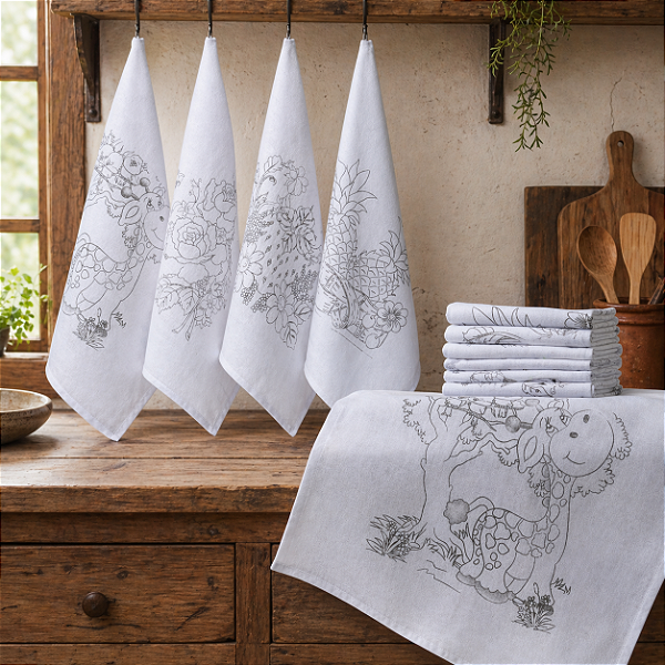 Kit Com 12 Panos de Prato - Riscado Para Pintura