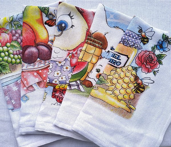 Kit com 10 Pano de Prato Estampado Sacaria Trama 8 Branco Com Estampa