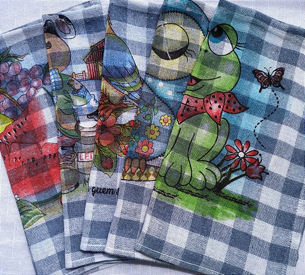 Kit com 10 Pano de Prato Estampado Sacaria Trama 8 Xadrez Escuro Com Estampa