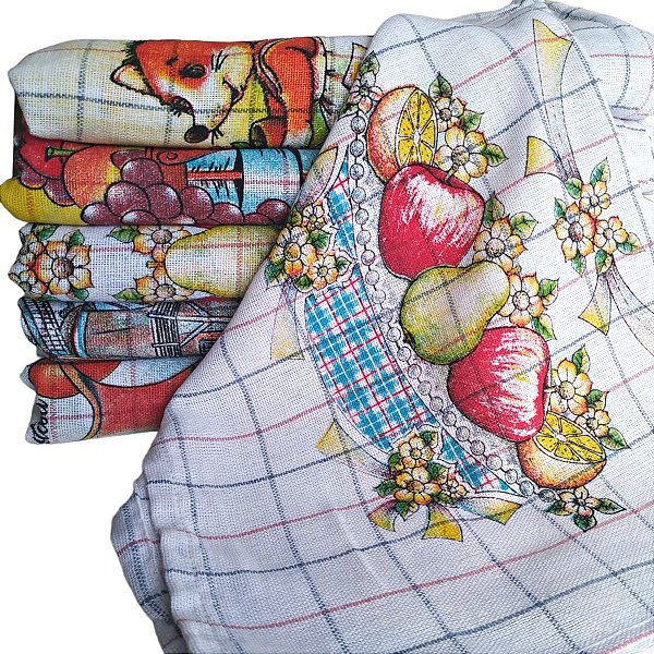 Kit com 10 Pano de Prato Estampado Sacaria Trama 8 Xadrez Claro Com Estampa