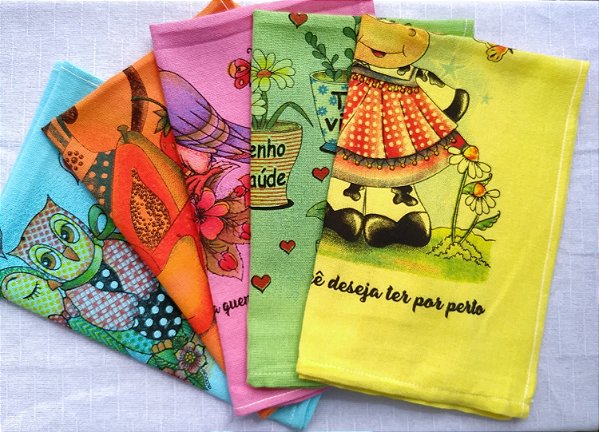 Kit com 50 Panos de Prato Sacaria Trama 8 Coloridos Com Estampa