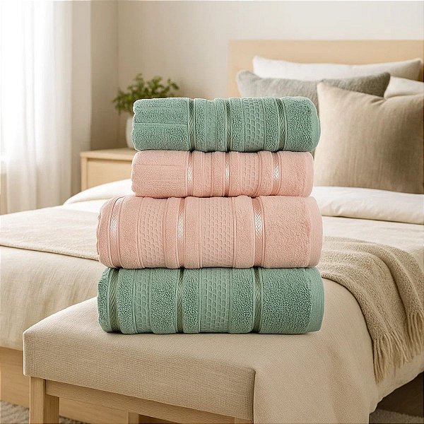 Jogo De Banho 4 Peças 450g/M² Bellagio Toalhas Banhão 100% Algodão Verde/Rosa