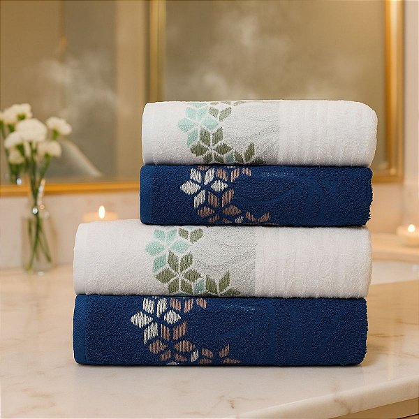 Jogo De Banho 4 Peças 350g/M²  Florença 100% Algodão Azul/Branco