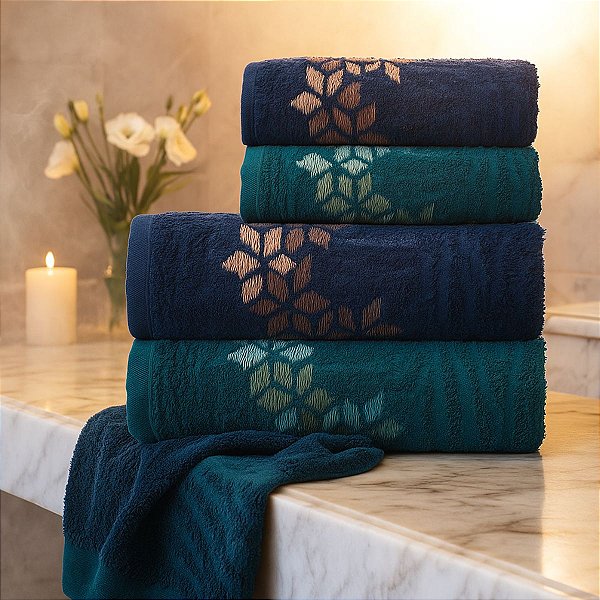 Jogo De Banho 4 Peças 350g/M²  Florença 100% Algodão Azul/Verde