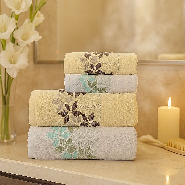 Jogo De Banho 4 Peças 350g/M²  Florença 100% Algodão Branco/Amarelo