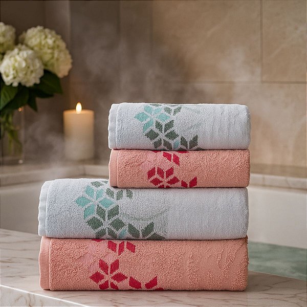 Jogo De Banho 4 Peças 350g/M²  Florença 100% Algodão Branco/Rosa