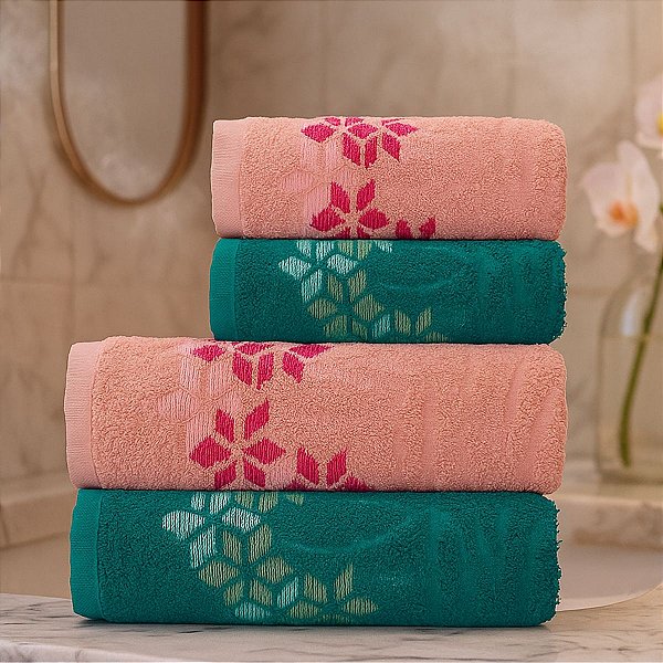 Jogo De Banho 4 Peças 350g/M²  Florença 100% Algodão Verde/Rosa
