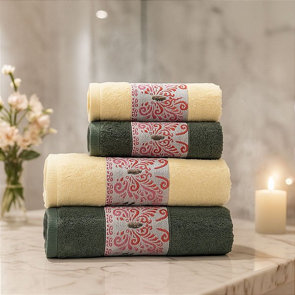 Jogo De Banho 4 Peças 350g/M²  Hanna 100% Algodão Cinza/Amarelo