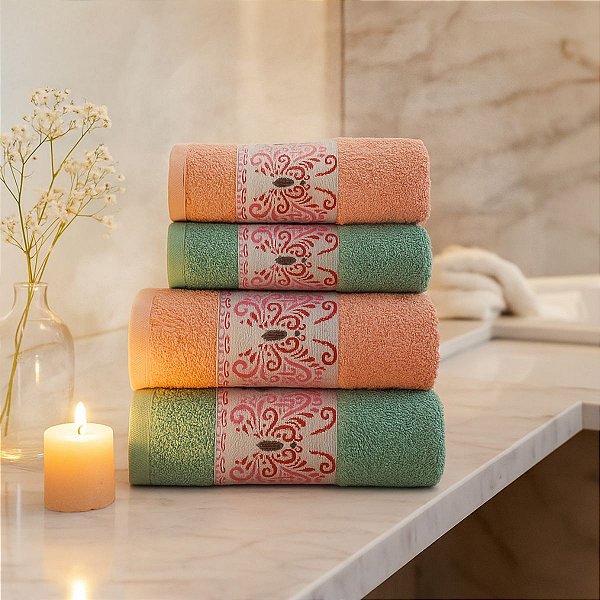 Jogo De Banho 4 Peças 350g/M²  Hanna 100% Algodão Cor:Verde/Rosa