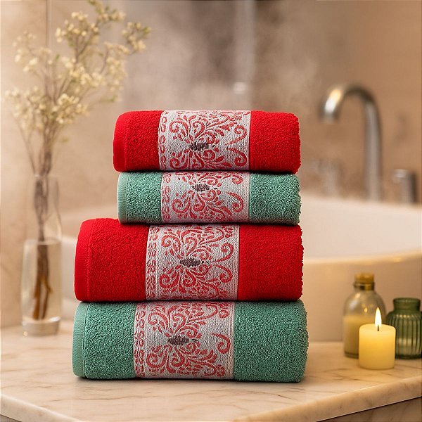 Jogo De Banho 4 Peças 350g/M²  Hanna 100% Algodão Cor:Verde/Vermelho