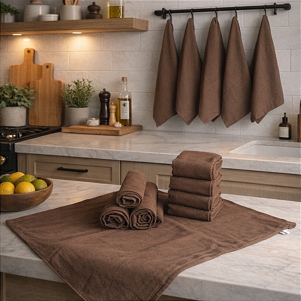 Kit 12 Panos de Prato em Algodão Marrom Liso 50x68 Centímetros