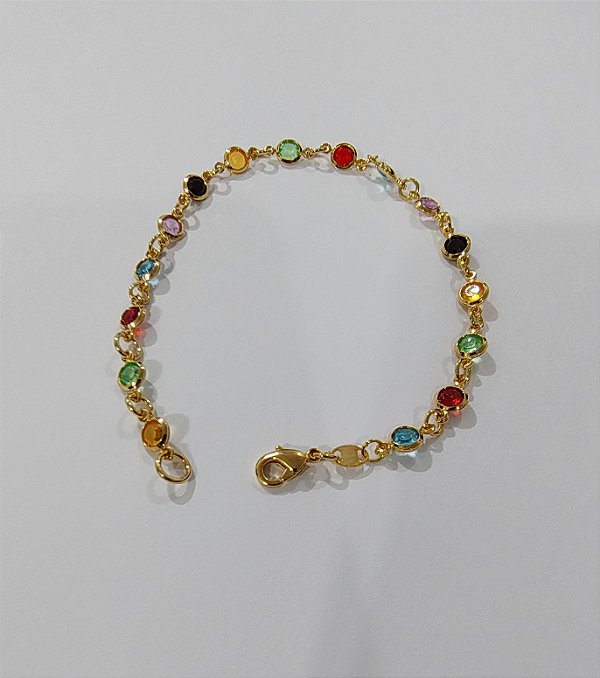Pulseira Feminina Folheado Ouro 18k Pedras Coloridas