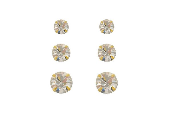 Trio Brinco Crystal 3 pares Folheado Ouro 18k Antialérgico