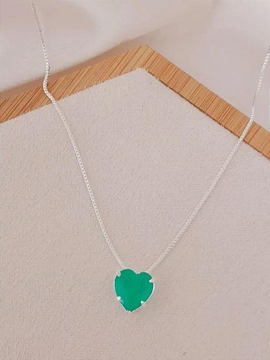 Colar coração zirconia verde - Folheado a prata