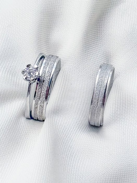 Par de Aliança Diamantada + Solitário - Aço Inox