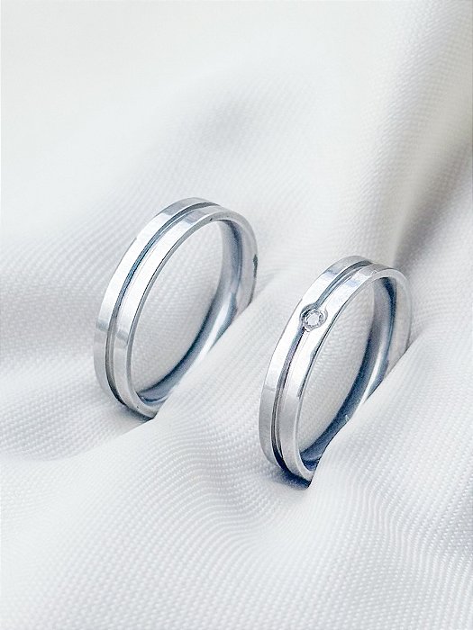 Par de Aliança Friso com Pedra - Aço Inox