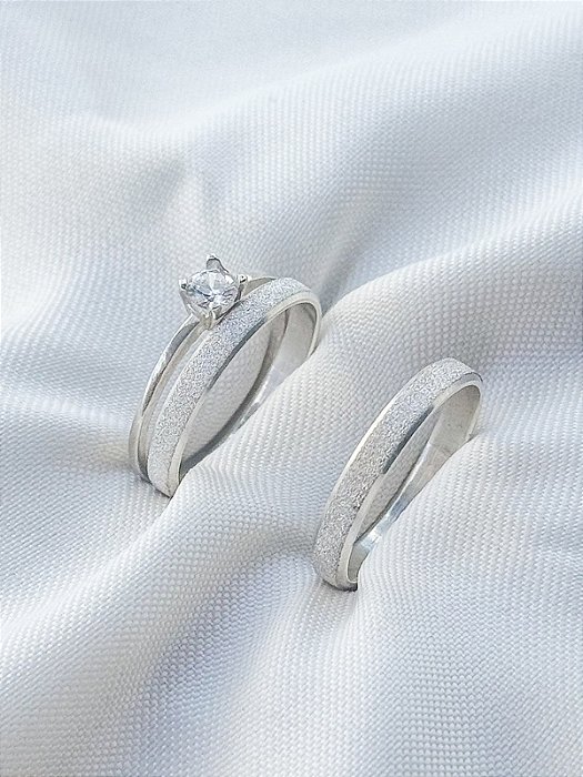 Par de Aliança Diamantada + Solitário - Prata 950