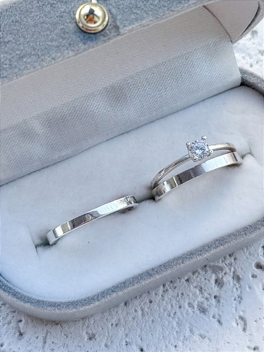 Par de Aliança Holanda 2mm + Solitário Encanto - Prata 950