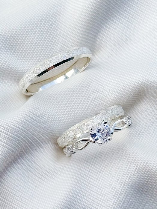 Par de aliança diamantada + Solitário Love Cristal - Prata 950
