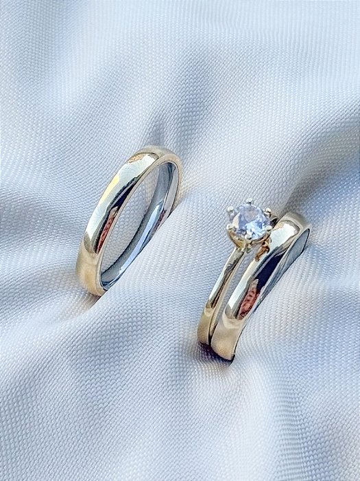 Par de Aliança Julieta 3mm + Solitário - Moeda Antiga