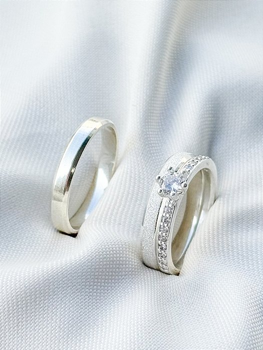 Par de Aliança Snow 3mm + Solitário Romantic - Prata 950