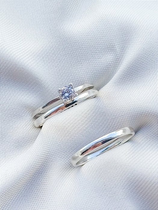 Par de Aliança Julieta 2mm + Solitário Encanto cristal - Prata 950